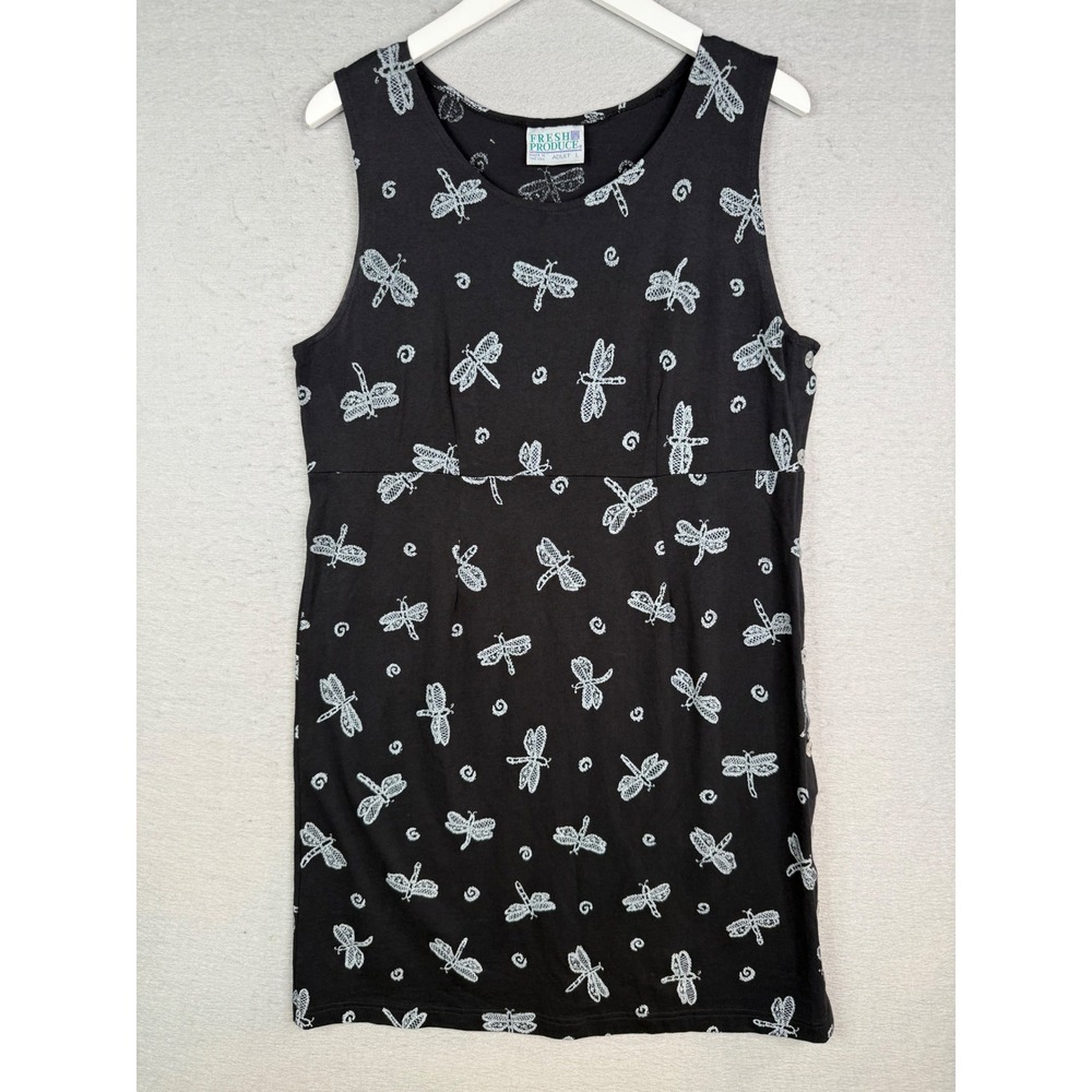 Vintage Fresh Produce Shift Dress Womens L Black Dragonfly Cotton USA